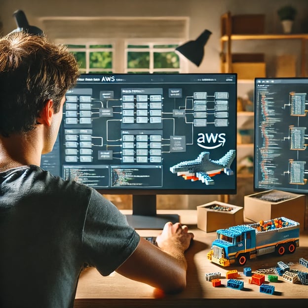 DALL·E 2024-08-27 11.16.54 - An image showing a man from behind as he works at his desk on an AI project using AWS. The desk is cluttered with Lego bricks, with the man actively b