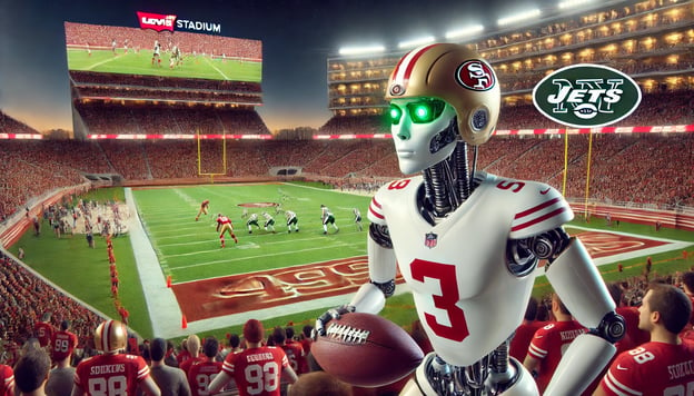 DALL·E 2024-09-03 17.24.14 - An AI robot playing football in an NFL game between the San Francisco 49ers and the New York Jets. The setting is Levis Stadium, home of the 49ers, w