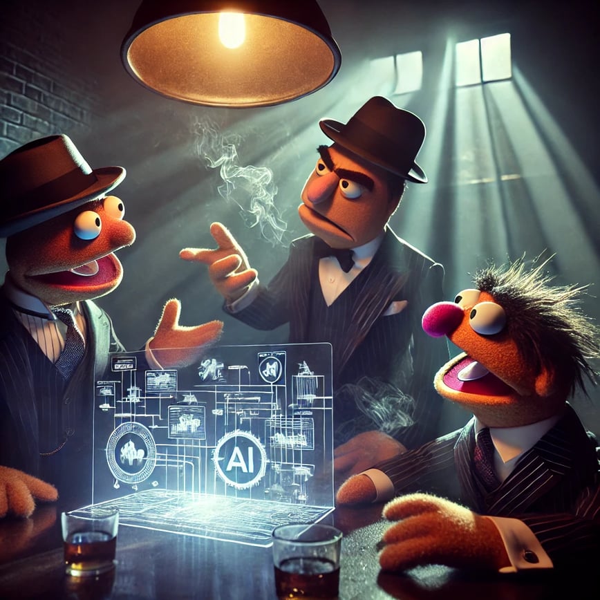 DALL·E 2024-10-15 12.26.46 - A whimsical yet dramatic scene inspired by the visual style of the movie The Godfather, but featuring three Muppet-like characters. They are dressed