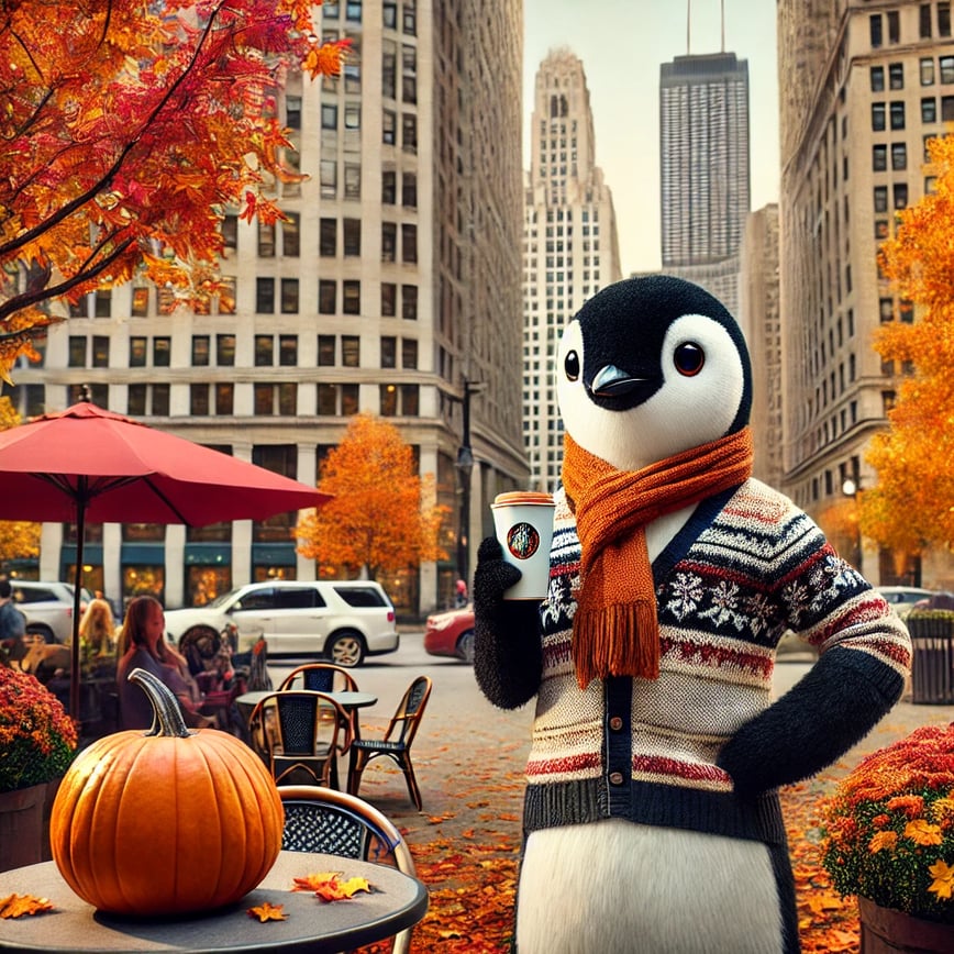 DALL·E 2024-10-21 10.36.31 - The Penguin, portrayed as a character in a fall-themed scene set in downtown Chicago. Its a beautiful fall day with the skyline visible, autumn leave