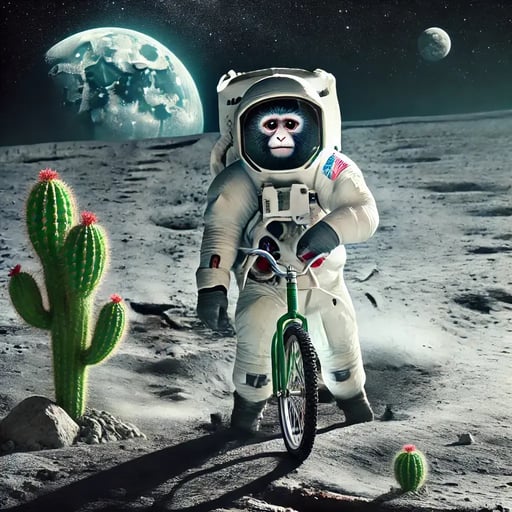 DALL·E 2024-12-10 21.42.02 - A photorealistic image of an astronaut monkey riding a bicycle on the surface of the moon. The monkey is wearing a full astronaut suit with a clear vi