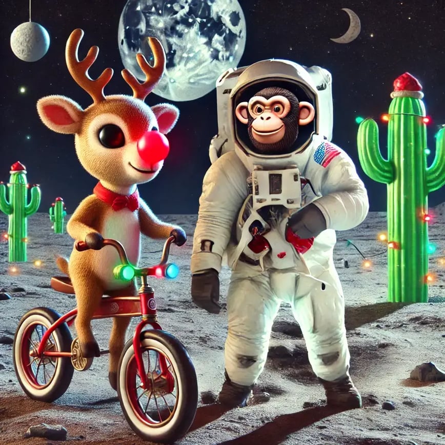 DALL·E 2024-12-10 21.51.51 - A whimsical scene on the moon featuring Rudolph the Red-Nosed Reindeer with his glowing red nose standing next to a monkey in a classic astronaut suit