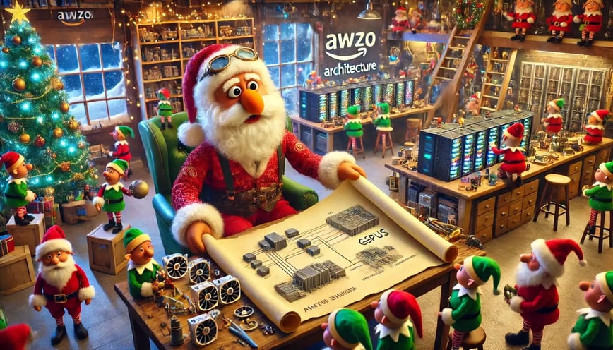 DALL·E 2024-12-16 17.24.40 - A vibrant and whimsical scene inside Santas workshop featuring a Muppet-style Santa Claus. Santa is seated at a wooden desk, reviewing an AWS archite