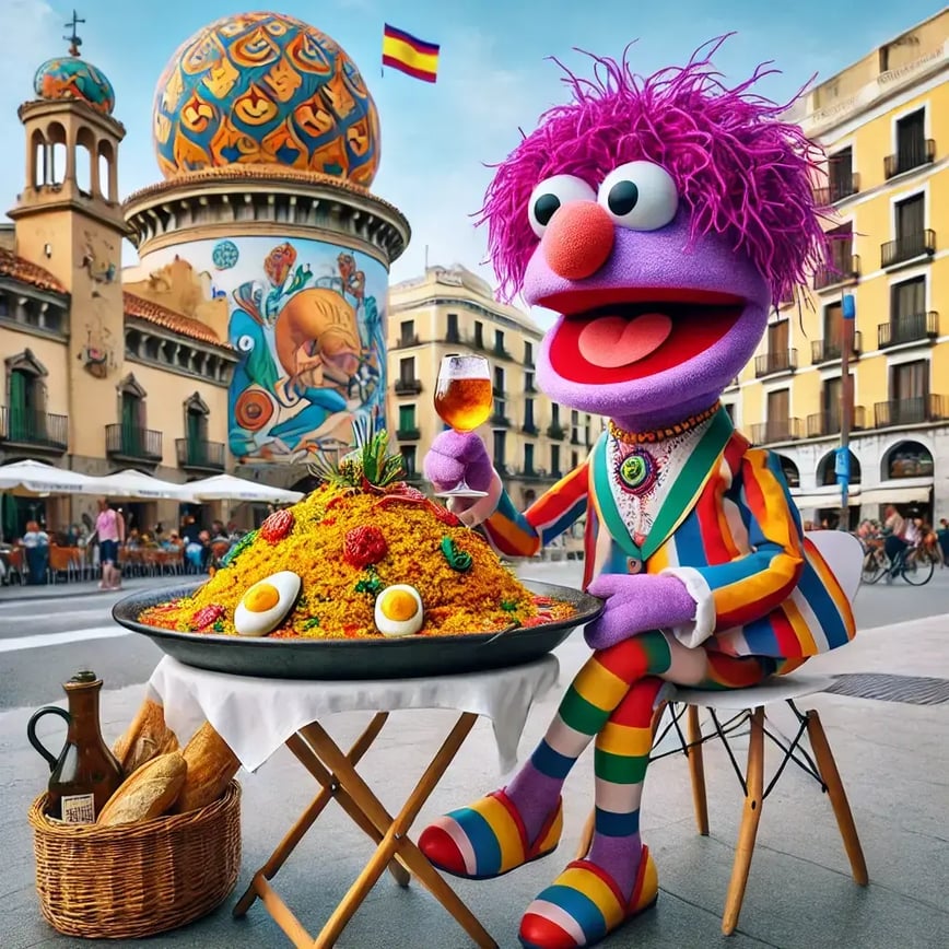 DALL·E 2025-01-06 10.40.28 - A whimsical depiction of a colorful muppet sitting at an outdoor cafe in Barcelona, enjoying a large, vibrant portion of paella. The muppet is dressed