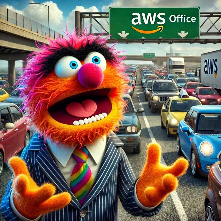 DALL·E 2025-01-21 17.55.53 - An angry muppet stuck in traffic, expressing frustration with exaggerated gestures. The muppet is colorful, with a fuzzy texture, large round eyes