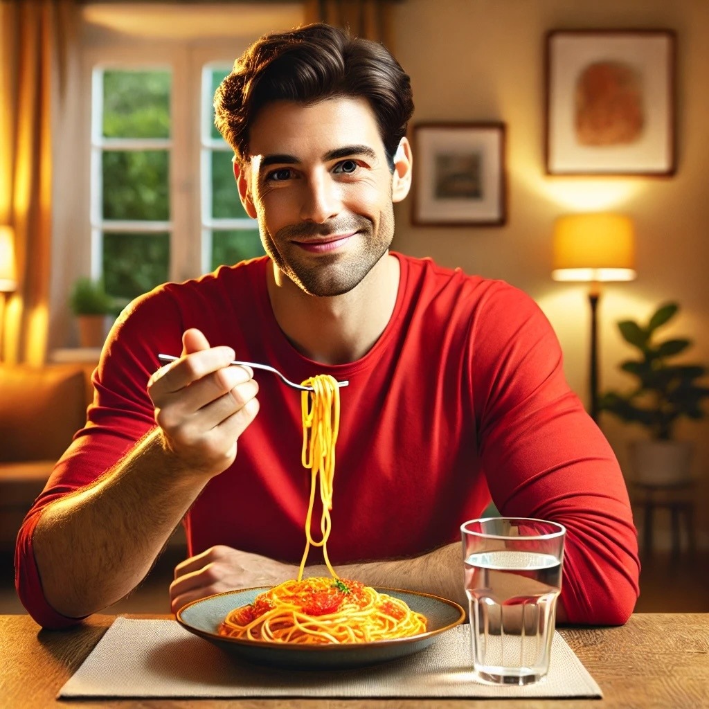 DALL·E 2025-01-28 16.16.42 - A man wearing a bright red shirt sitting at a table, eating spaghetti. The setting is a cozy dining room with warm lighting. The man has short brown h