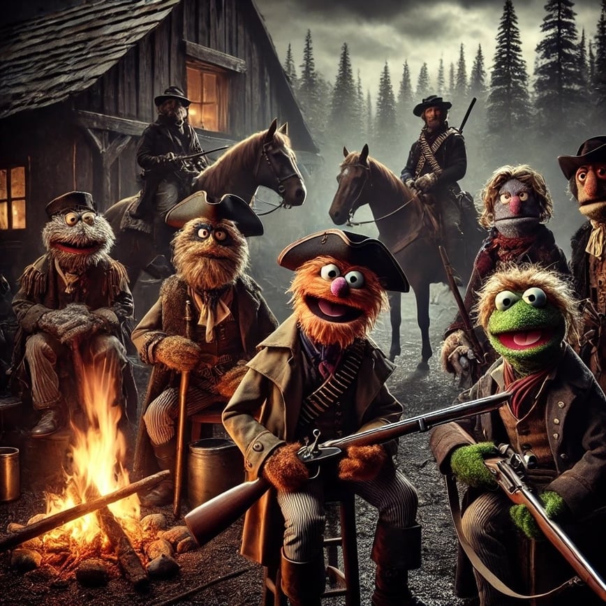 DALL·E 2025-02-03 14.59.13 - A group of rugged, puppet-like characters resembling classic Muppets in a dramatic frontier setting inspired by American Primeval. The scene is set 