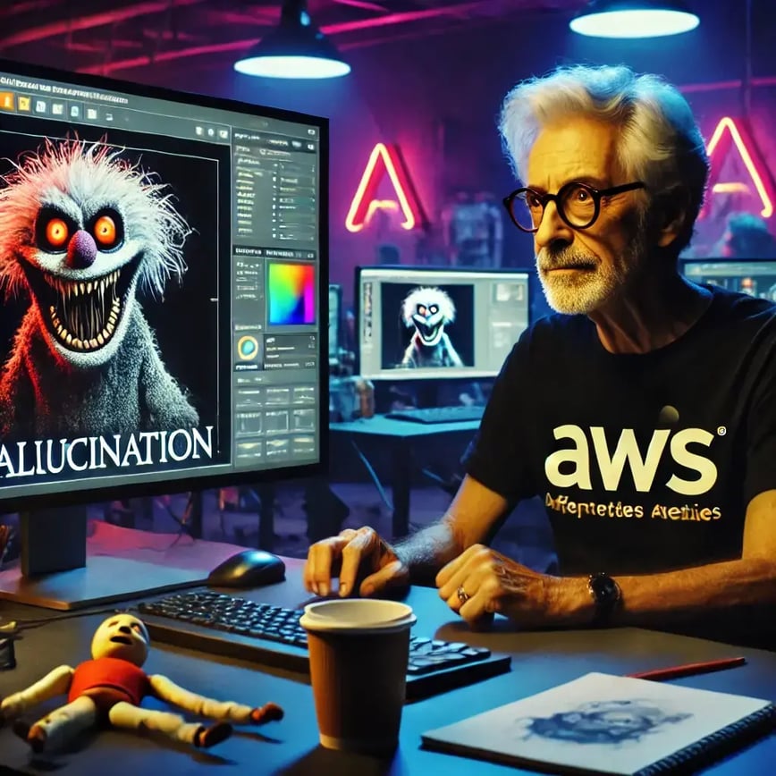 An AI-generated image of an old male film producer using AI to make a scary muppet monster called Hallucination. The film producer is wearing an AWS t-shirt.