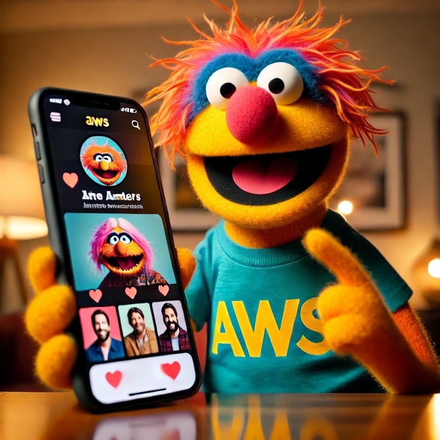 DALL·E 2025-03-11 15.33.04 - A colorful, fuzzy muppet wearing an AWS t-shirt is using a muppet-themed dating app on their smartphone. The phone screen is visible, showing the inte