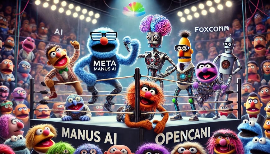 DALL·E 2025-03-18 18.19.50 - A funny and chaotic scene of AI models from Meta, Manus AI, OpenAI, and Foxconn depicted as Muppet-style characters wrestling in a brightly lit ring. 