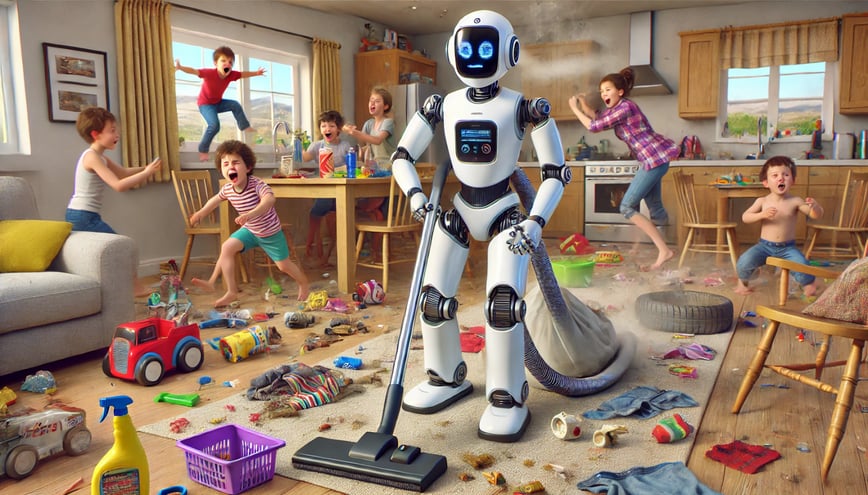 Humanoid robot cleaning house. Human children are making a mess in the house faster than the robot can work, and the robot is getting stressed